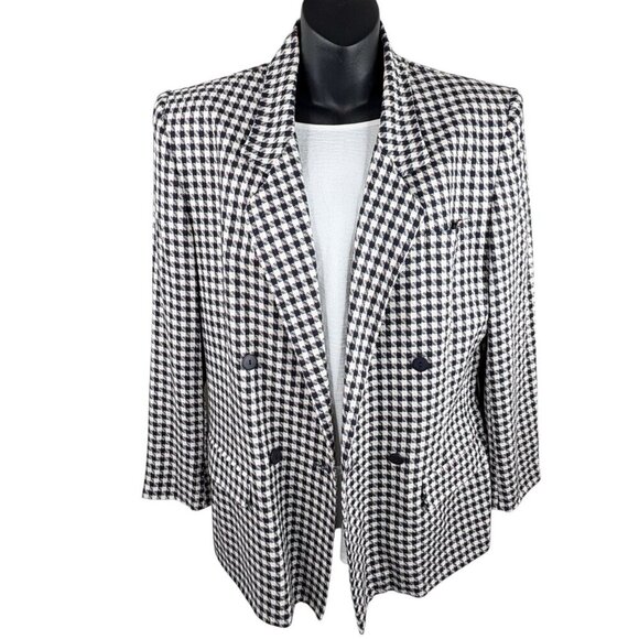 VTG USA 80s Checkered David Brooks Blazer 4 Button Front Navy White Women’s 14 - Picture 4 of 14